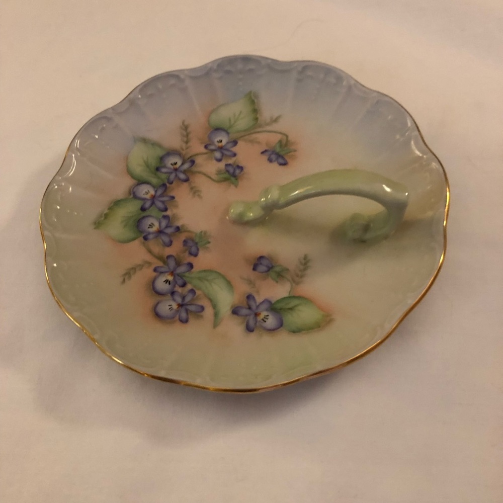 Vintage Hand-Painted Violet Floral Porcelain Handle Nappy/Trinket Dish